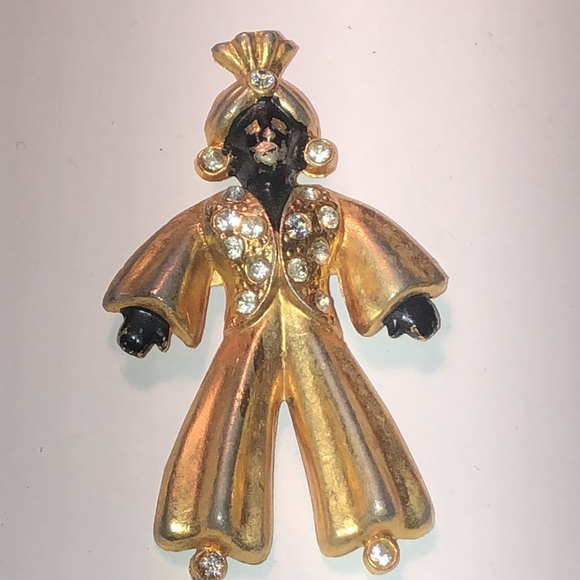 Vintage Satin Soft Gold Tone CZ Rhinestone Turban Man Brooch Shoulder Pin - Picture 6 of 6